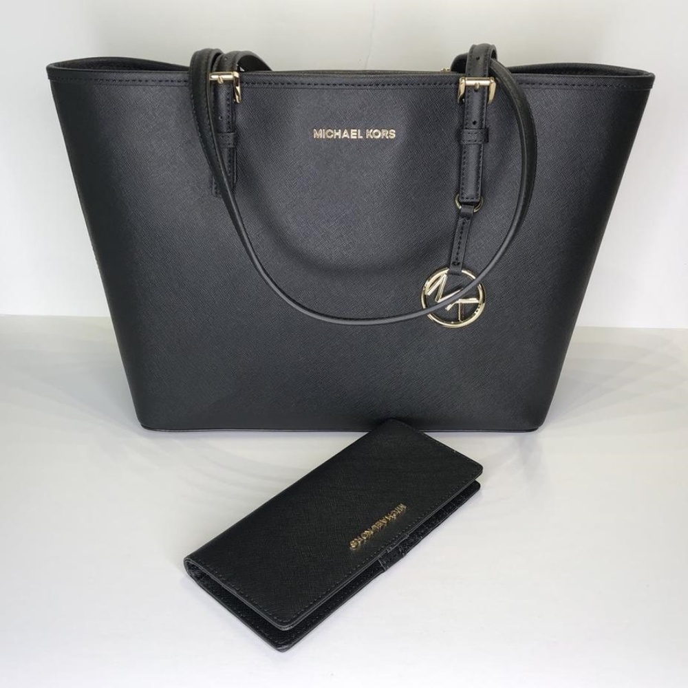 2Pc MK Jet Set Carryall Travel Blk Tote & Wallet